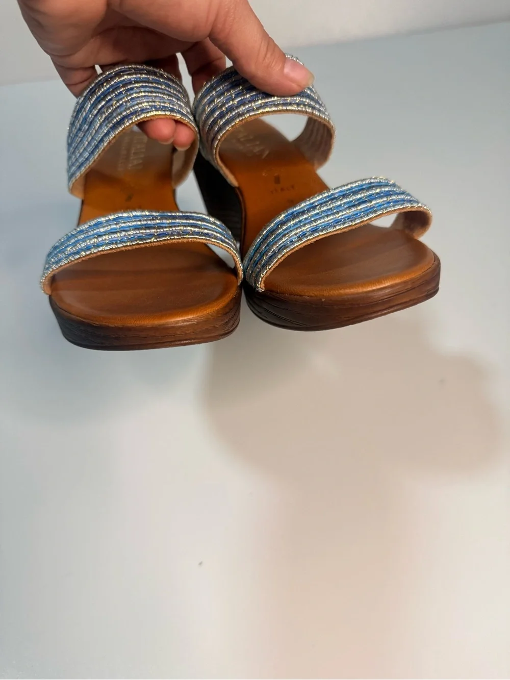 Italina Blue Striped Fabric Wedge Sandals